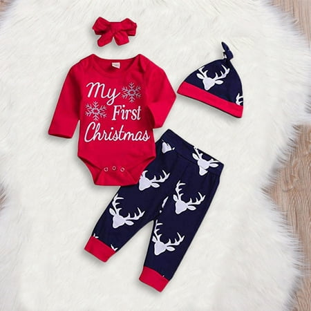 Kd 6 Christmas Outfit My First Christmas Baby Boy Girl Romper Tops+Pants+Hat+Headband Clothes Outfits Red 12-18 Months ()