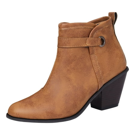 

PMUYBHF Autumn And Winter New Western Boots Side Zipper Solid Color Short Boots Pointed Thick with High Heel Belt Buckle Short Boots 43.98