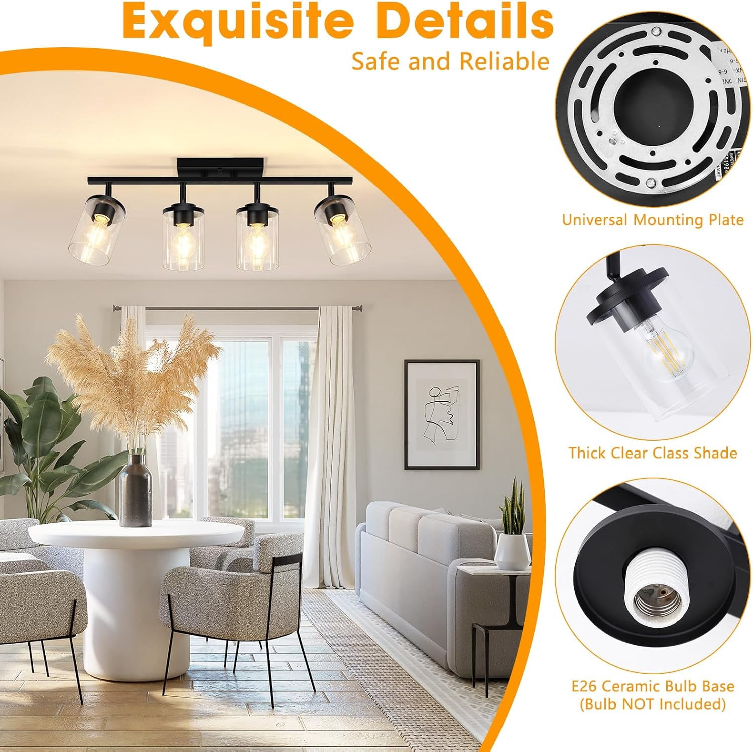 4-Lights Track Lighting Fixtures Ceiling with Clear Glass Shades, Modern Black Semi Flush Mount Ceiling Light, Rotatable Wall Mount Ceiling Lamp for Kitchen Hallway Bedroom