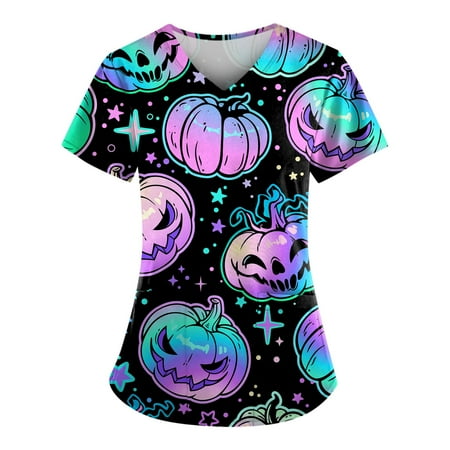 

Sksloeg Sksloeg Print Scrub Tops for Women V-Neck Tops Leopard Pumpkin Print Fit Scrub Clothes Short Sleeve Women Working Uniform Workwear with Pocket Light Purple 3XL