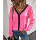 thumbnail image 3 of Blusa informal con hombros caídos para mujer, cárdigan a cuadros con cuello en V, color rosa brillante, talla 3XL, 3 of 6