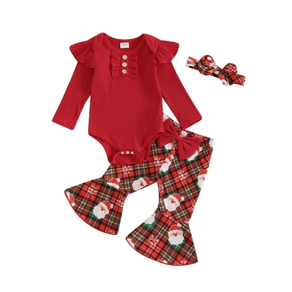 Baby Toddler Girl Christmas Outfit, 0 3 6 12 18 Months Ruffle Long Sleeve Ribbed Romper Santa Claus Print Plaid Flare Pants Headband 3 Piece Clothing Set