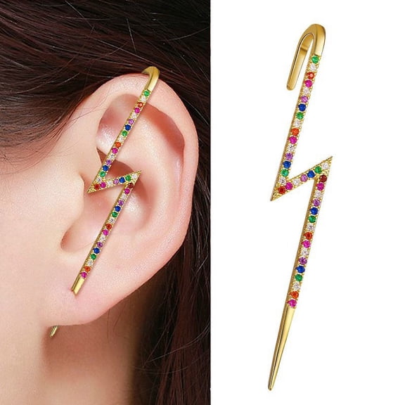 Gold Plated Micro Pave Rainbow CZ Lightning Bolt Ear Cuff Earring