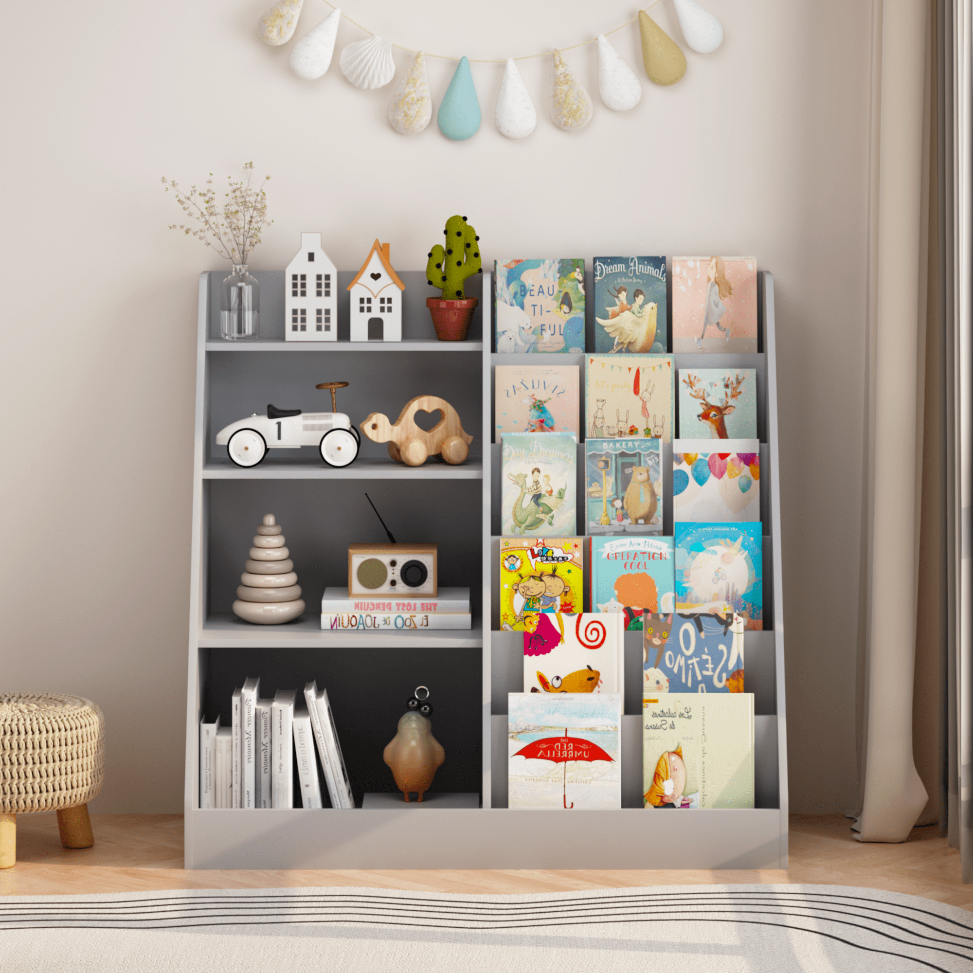4-Tier Wooden Bookshelf with Toy Storage Bins, Multifunctional Children Bookcase Display Stand Organizer, Toddler Book Rack for Playroom Nursery Bedroom, Gray