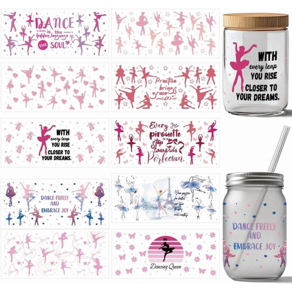 10 Sheets Dance UV DTF Cup Wrap 10 Styles Ballet Inspirational Sports Quotes Rub on Transfers Waterproof PVC Paper Rub on Decals for DIY 16OZ Glass Cups Furniture Wood 9.5x4.3inch(24×11cm)