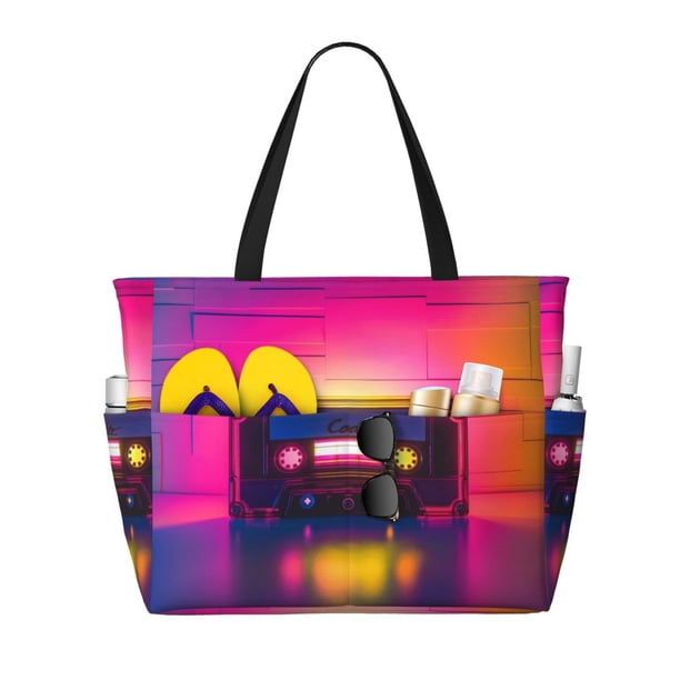Fotbe Neon Cassette Tape Bolsa de Viaje para Playa - Resistente al Agua, Bolsa Tote de Gran Capacidad y Ligera con 7 Bolsillos para Mujeres y Hombres