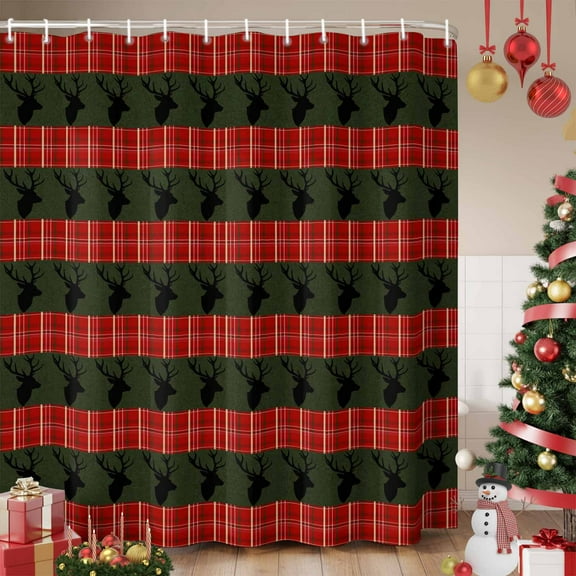 Christmas Winter Deer Shower Curtain, Red Classic Plaid Green Pastoral Waterproof Fabric Shower Curtains with 12 Hooks, Bathroom Curtain Set for Bathroom Accessories Decor, 48 x 72 Inches