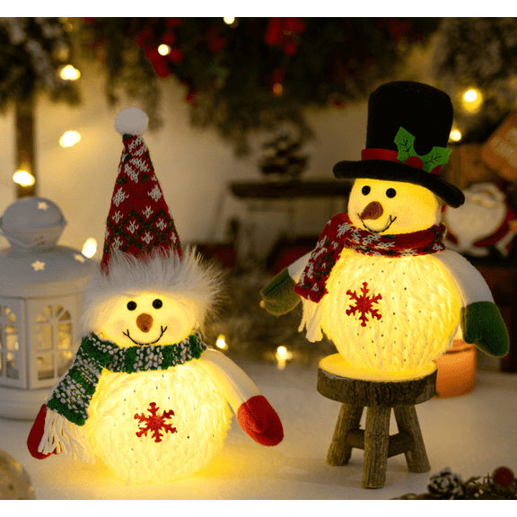 2Pack Plush Snowman Decor Set 10-inch Soft Plush Glowing Snowman Battery-Operated Perfect for Christmas dinners, parties, and winter home decor