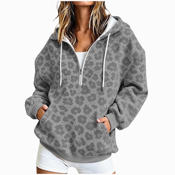 felwors Women Leopard Print Hoodie Half Zip Up Fleece Oversized Y2K Camo Sweatshirt Clothes Winter Outfits Grey for Size M