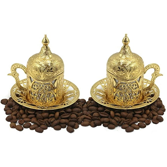 2 Pcs Turkish Greek Arabic Moroccan Coffee Cups - 2 Cups Consists of 8 Pcs Casting Carving Espresso Cup with Inner Porcelain Metal Holder Plate Saucer and Lid - Best Gift Idea (Gold)