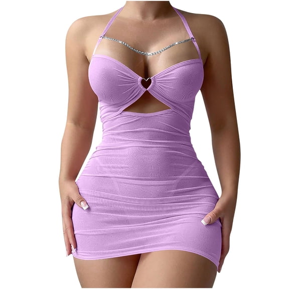 Womens Fashion 2026 Women's Sexy Bodycon Mini Lingerie Dress with Thong Set - Sheer Mesh Ruched Chain