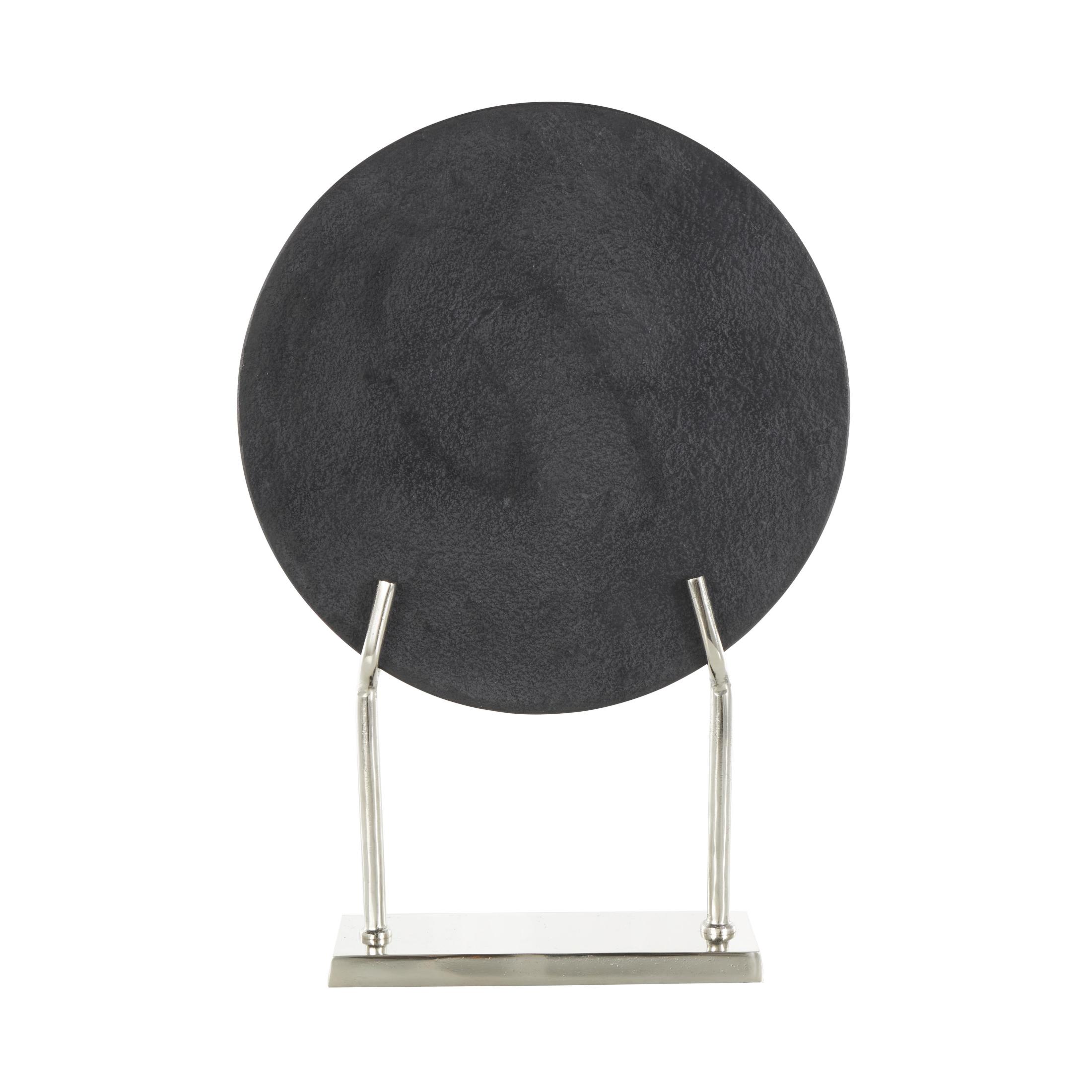 14" x 20" Black Marble Textured Disk Abstract Sculpture with Silver Stand, by DecMode