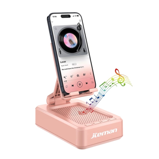Soporte portátil para teléfono con altavoz Bluetooth JTEMAN, color rosa