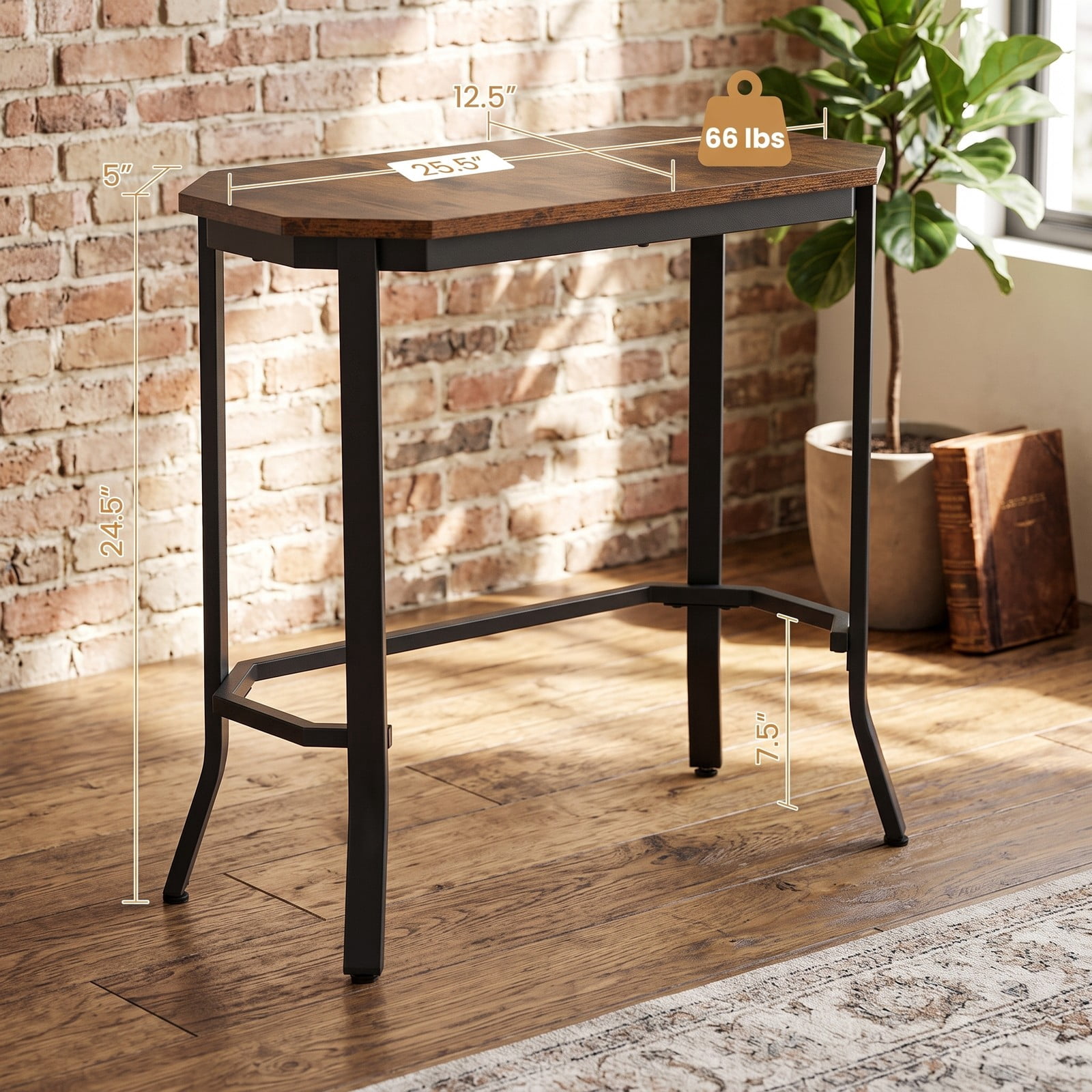 Furnibear Narrow End Table, Rustic Wood Grain Hexagon Side Table with Sturdy Steel Frame and Adjustable Foot Pads for Living Room Bedroom Entryway, Rustic Brown