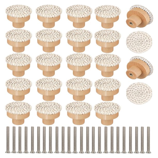 Wood Drawer Knobs Rattan Knobs with Screws for Cupboard Boho