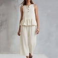 thumbnail image 5 of Women's Casual 2 Piece Outfits, Rayon Blend Sleeveless V-Neck Top, Mid Waisted Solid Color Pants Sets With Pockets, Summer Travel Loungwear Loose Fit | TruBelle,Beige L, 5 of 7