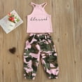 thumbnail image 3 of Baby Girl’s 2Pcs Clothes Set Sleeveless Letter Printed High Neck Halter Tops with Camouflage Printed Long Pants, 3 of 7