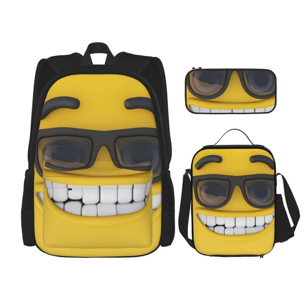Easygdp Smiling With Sunglasses Mochila para Niños y Niñas con Set de Caja de Almuerzo y Estuche para Lápices 3 en 1, Mochila Escolar Estampada para Adolescentes