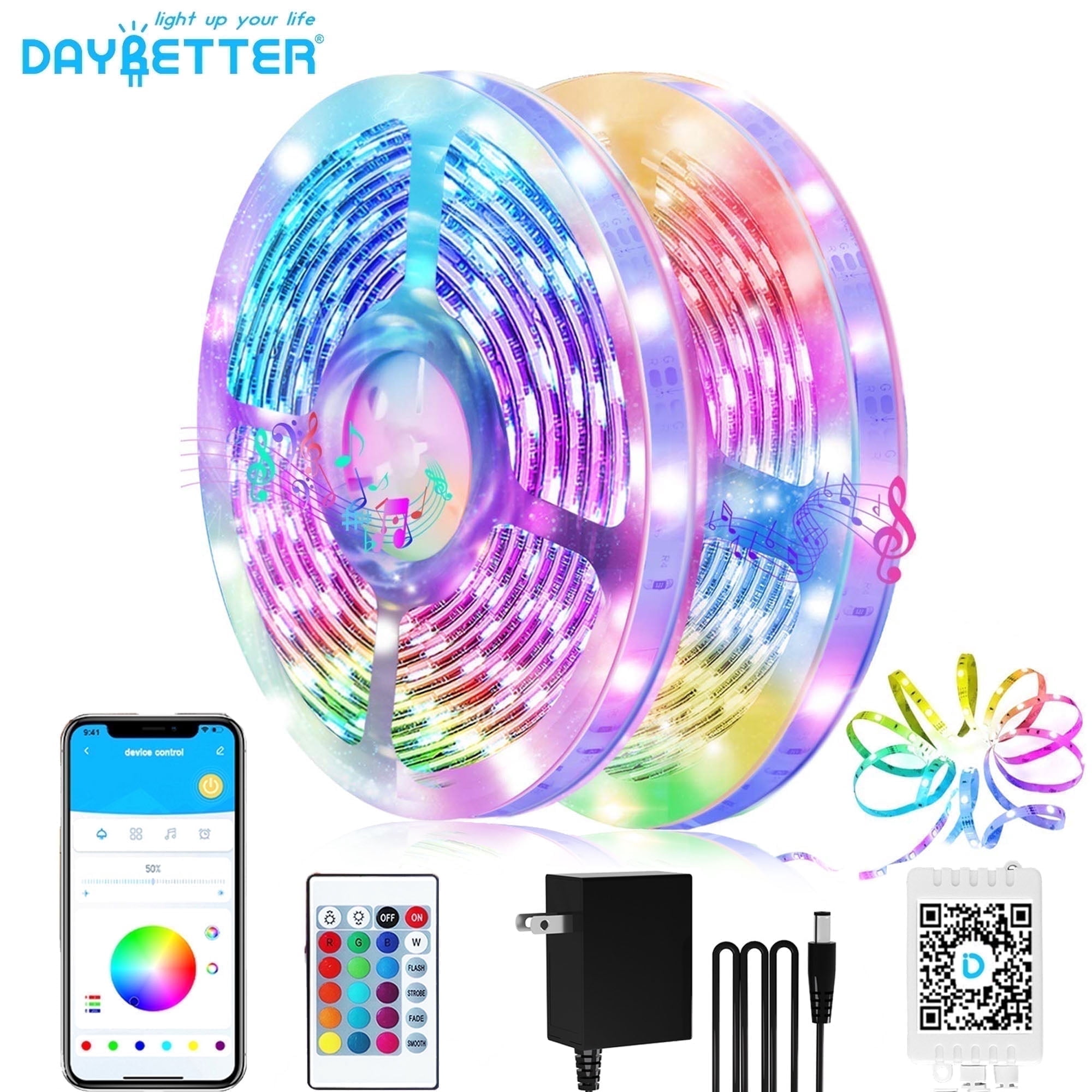 DAYBETTER 100ft LED Strip Lights, RGB Color Changing, Music Sync