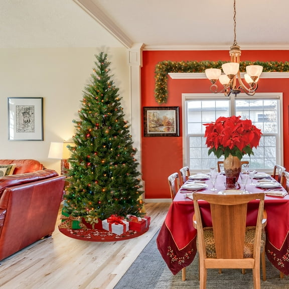 National Tree Company 7.5 ft. Pre-Lit Artificial Aspen Spruce Slim Christmas Tree, Green, Multicolor Lights, Includes Stand