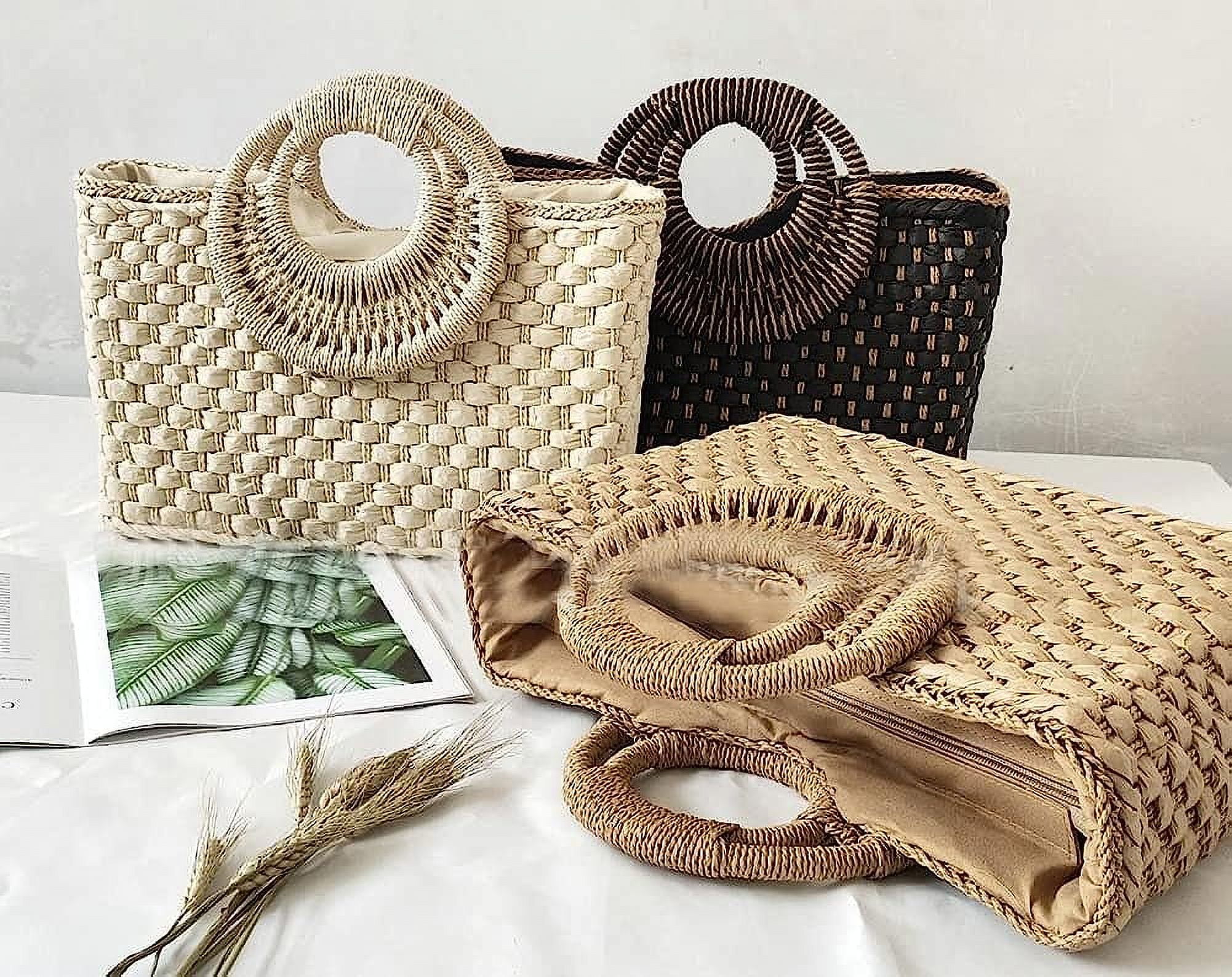 Kukuzhu Straw Hobo Bags for Women Retro Handbags Hand-woven Large Bag Round Handle Ring Totes Summer Beach Rattan Purses