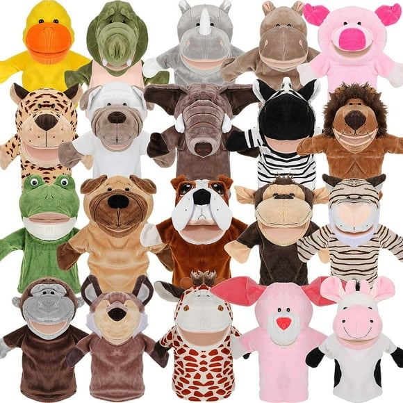 Hiboom 20 Pcs Marionnettes à Main Animaux Marionnettes à Main pour Enfants avec Bouche Fonctionnelle Jouet en Peluche Animal Lion Canard Cochon Zoo Animaux à Main avec Bouche Ouverte Mobile pour