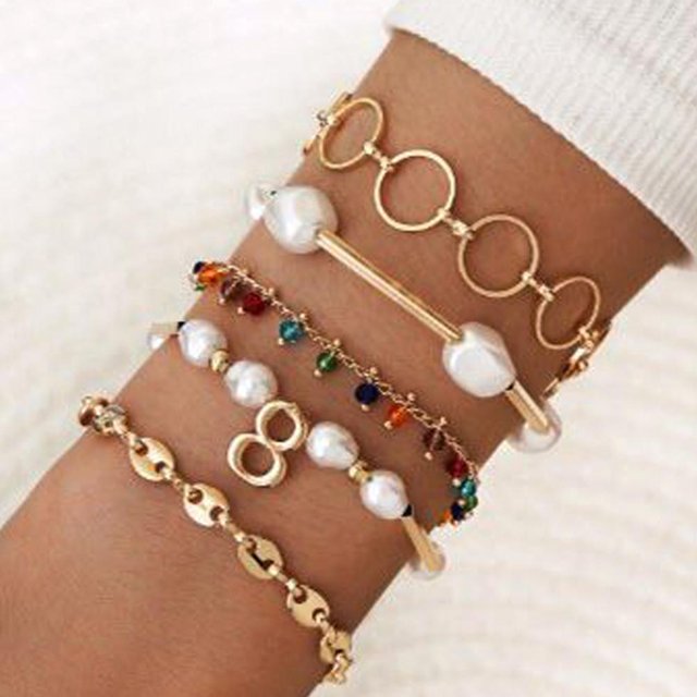 Pulsera De Cadena De Metal Para Mujeres Y Niñas, Pulseras De Perlas De Imitación A La Moda, El Mejor Regalo Para Familiares Y Amigos 5 Unids seitruly AP006019-00