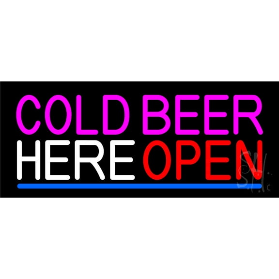Cold Beer Here Open LED Neon Sign 10 x 24 - inches, Clear Edge Cut Acrylic Backing, with Dimmer - Bright and Premium built indoor LED Neon Sign for Bar decor.