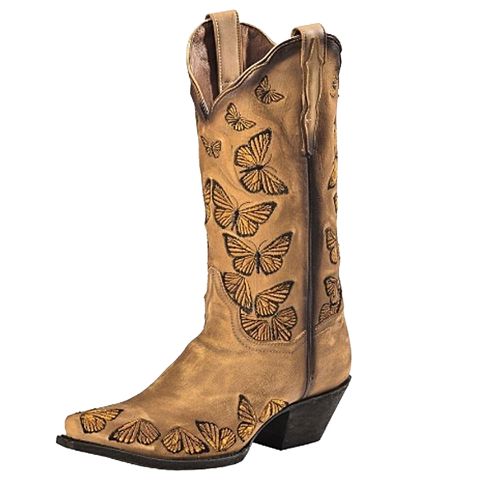Womens Retro Butterfly Embroidered Mid Calf Boots Cowgirl Cowboy Booties Shoes