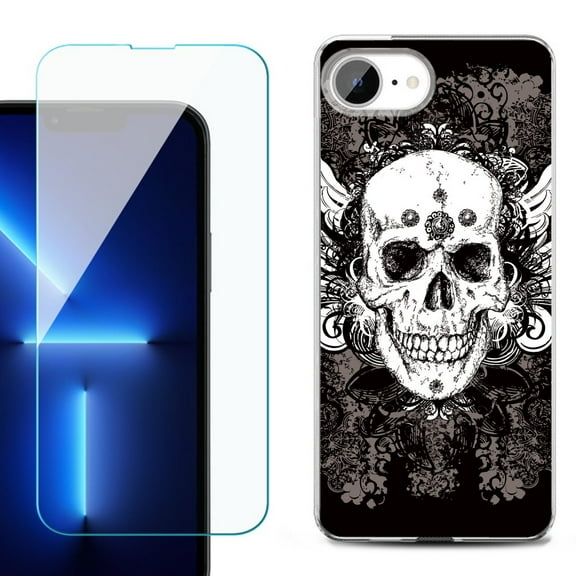 For For iPhone 16e Phone Case Cover, Shockproof Case with Tempered Glass Screen Protector, by OneToughShield - Grunge Skull