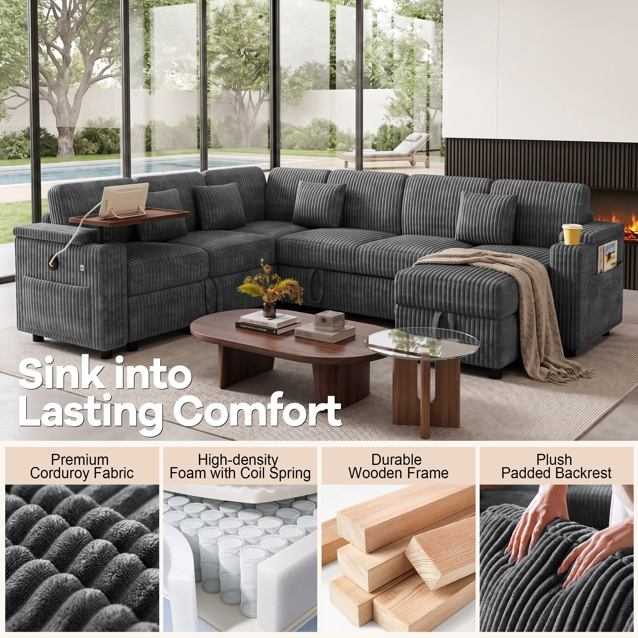 Aenkyo 7-Seat Corduroy U-Shaped Sectional Sleeper Sofa Bed with Storage Chaise and USB Charging, Gray