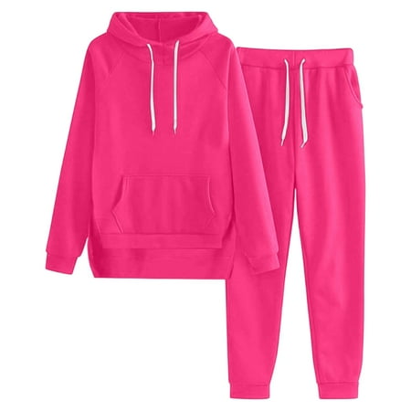 sususu Womens Fall Outfits Matching Set Womens Hooded Tracksuit Set Cozy Long Sleeve Pullover Top and Jogger Pants Soft Casual Outfit for Daily Wear - Hot Pink