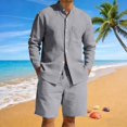 thumbnail image 2 of Awwp Men Set American Casual Summer Linen Men's Suit Loose Long Sleeved Short Pants And Shirt Set for Men Dark Gray M, 2 of 6