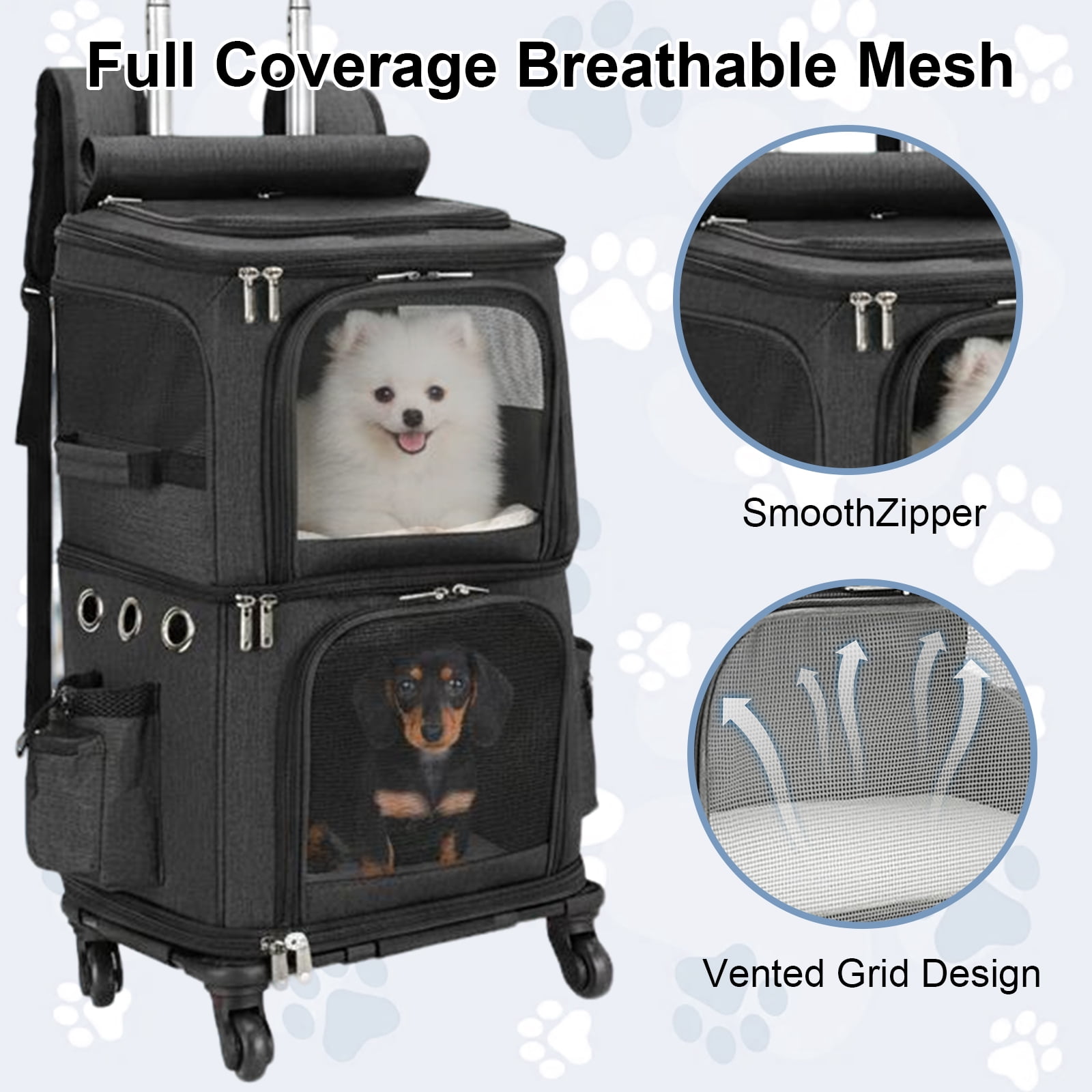 MINGYI Double-Compartment Pet Carrier with Wheels,Dog Backpack Carrier for 2 Small Dogs and Cats,Cat Rolling Carrier for Traveling/Taking a Walk/Trips to The Vet(Black)