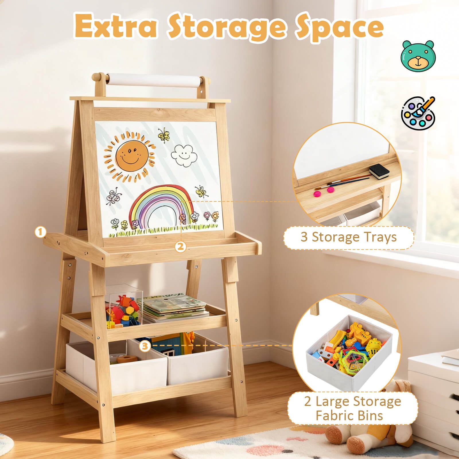 Costway Kids Art Easel Double Sided Chalkboard Magnetic Whiteboard with Storage Tray Pink Natural