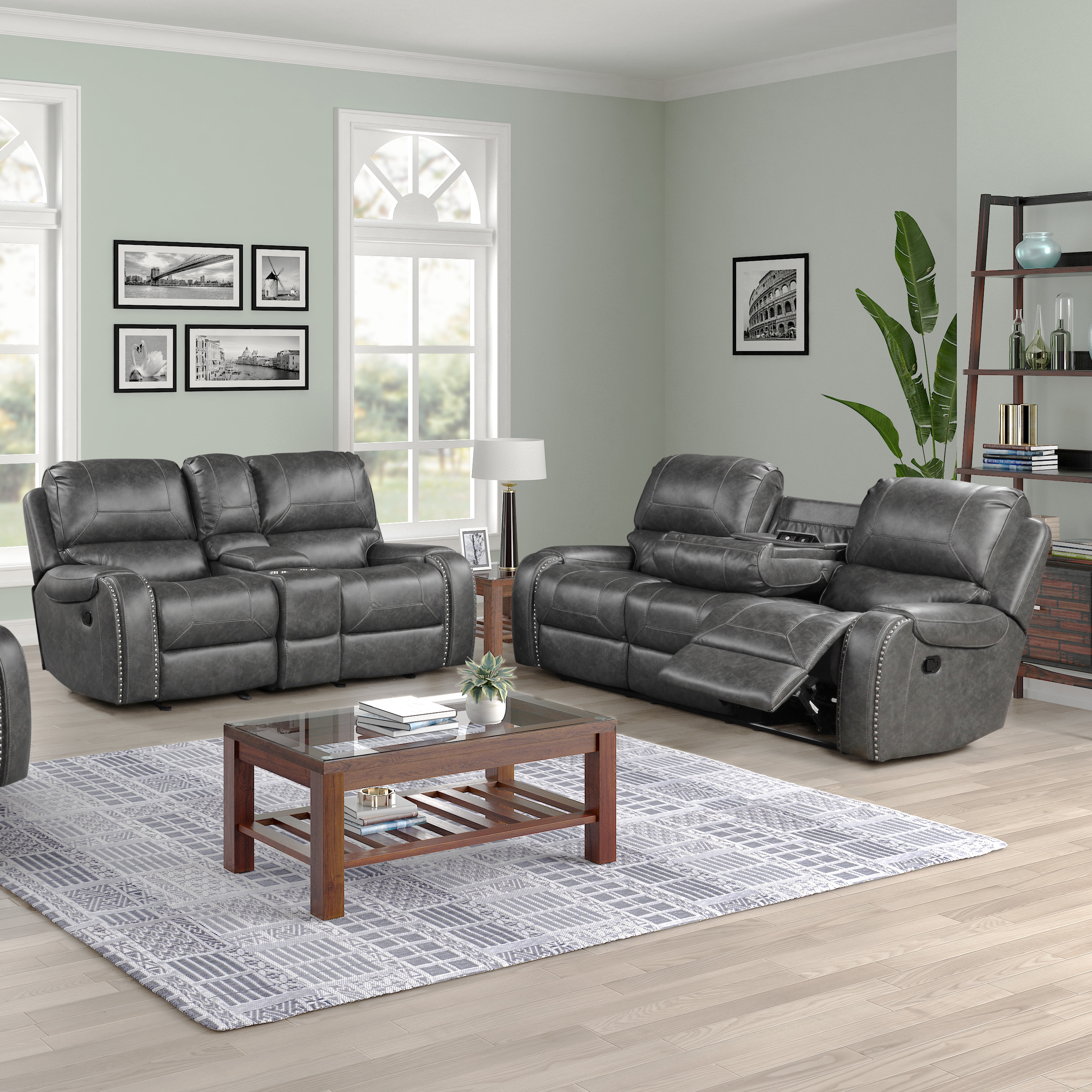 Achern Gray Leather Air Nailhead Manual Reclining Sofa And Loveseat