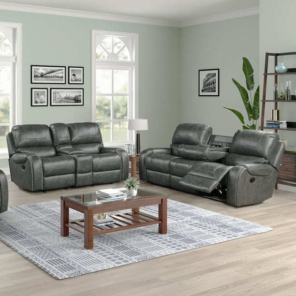 Achern Gray Leather Air Nailhead Manual, Leather Reclining Couch Sets