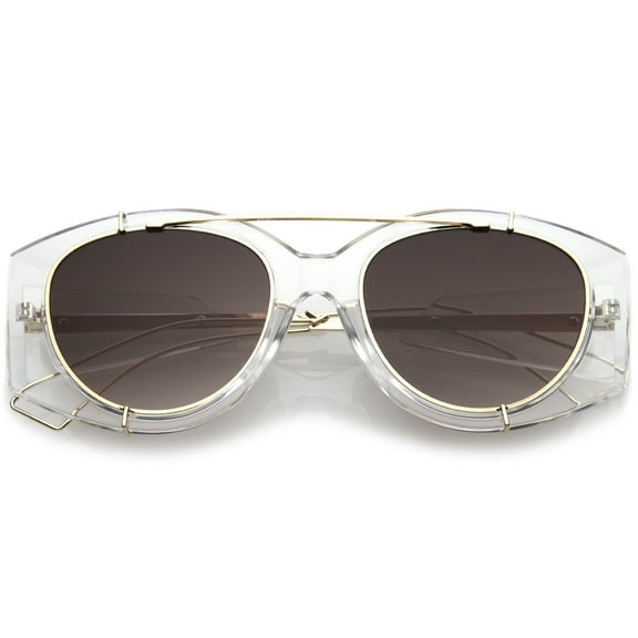 Futuristic Translucent Wire Metal Arms Crossbar Round Flat Lens Oversize Sunglasses 53mm (Clear Gold / Lavender)