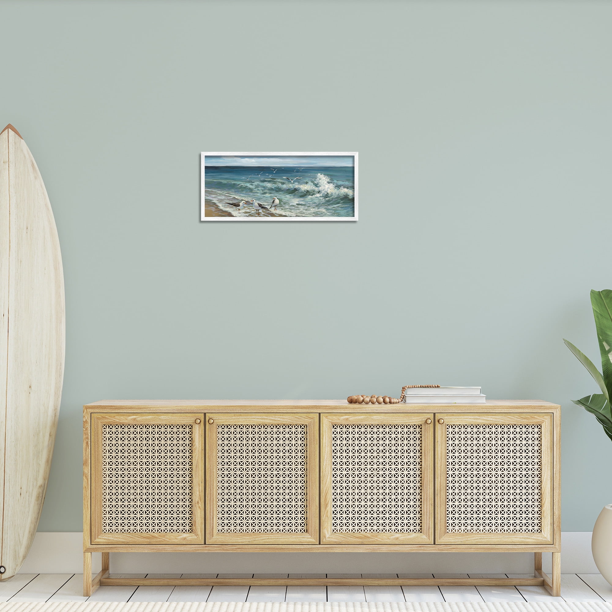 Stupell Industries Incoming Beach Tide Seagulls Nature Painting White Framed Art Print Wall Art, 24 x 10