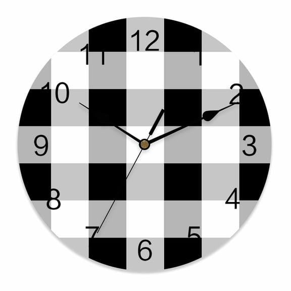 Wall Clock 10 Inch Black White Plaid Round Silent Decorative Wall Clocks Battery Operated for Living Room Bedroom Kitchen Classroom Decor, Checkerd Pattern,Small