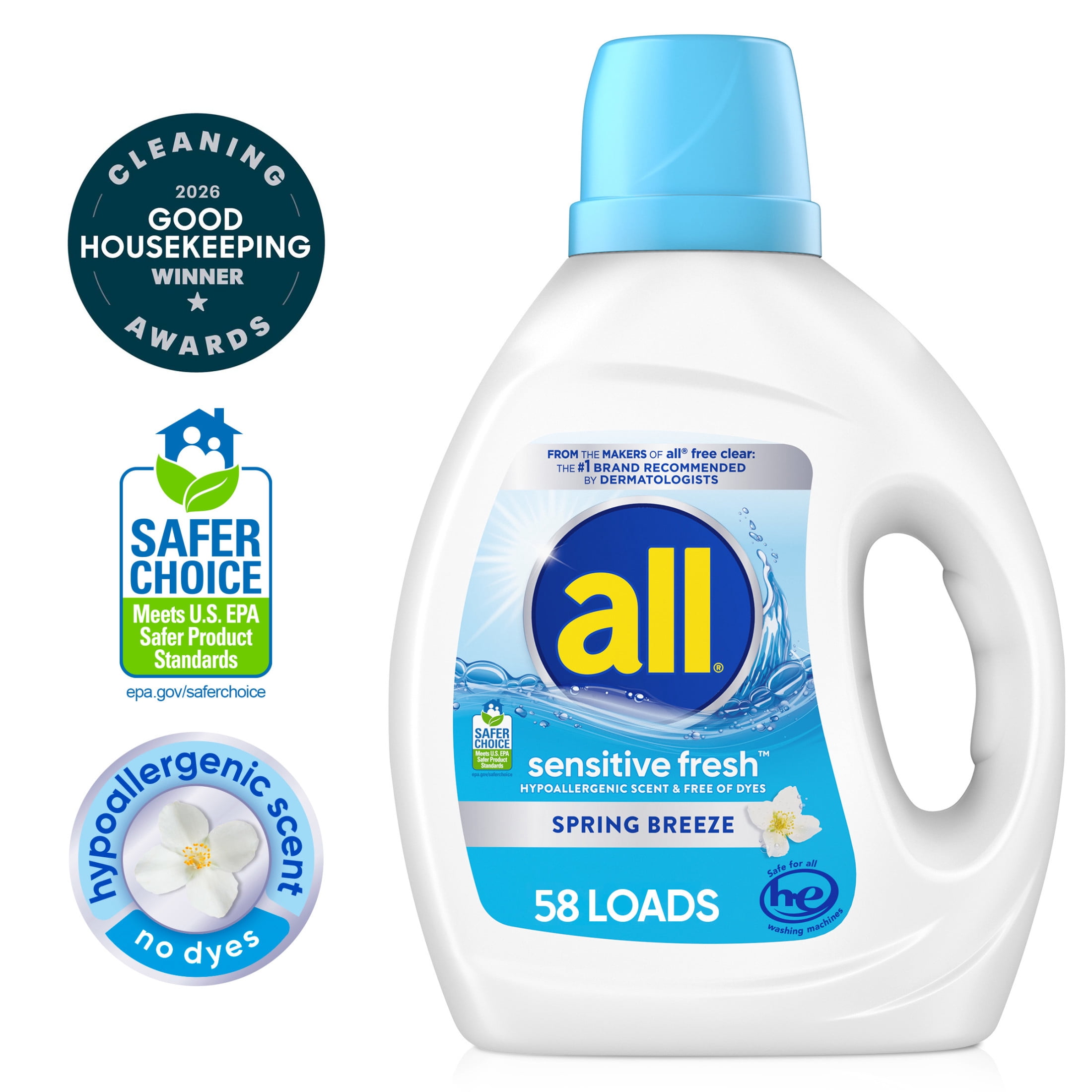 all Sensitive Fresh Liquid Laundry Detergent, Spring Breeze, 73 oz, 58 Loads