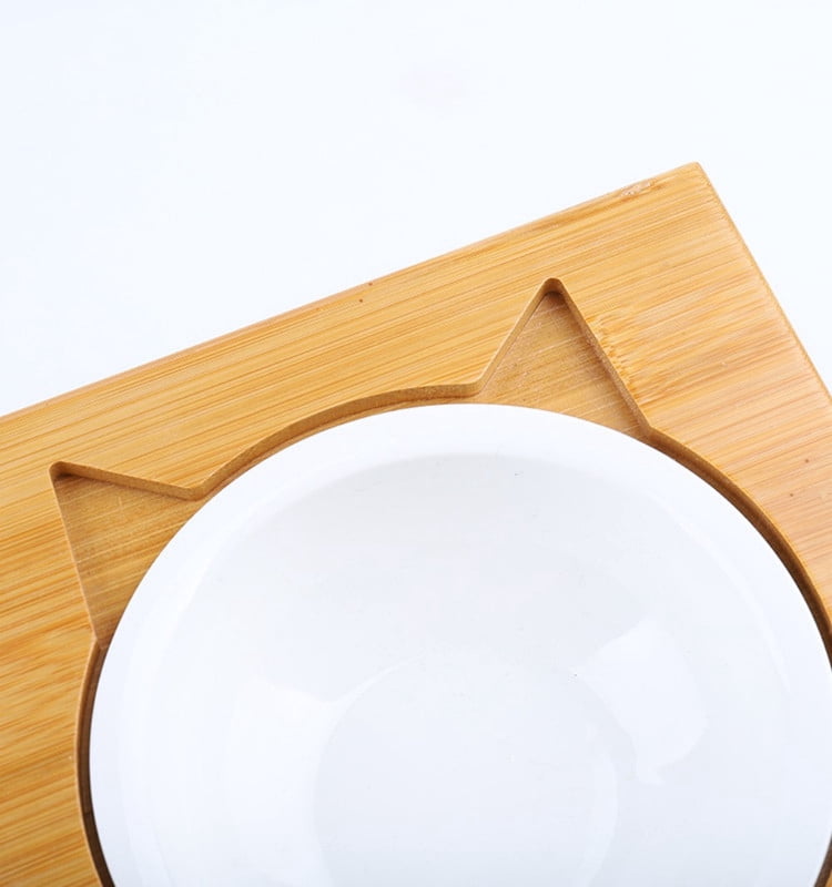 Fairela™ Ergonomic Bamboo Elevated Double Cat Bowl Stand with Ceramic Bowls - Raised Pet Feeder for Cats, Kittens & Small Dogs