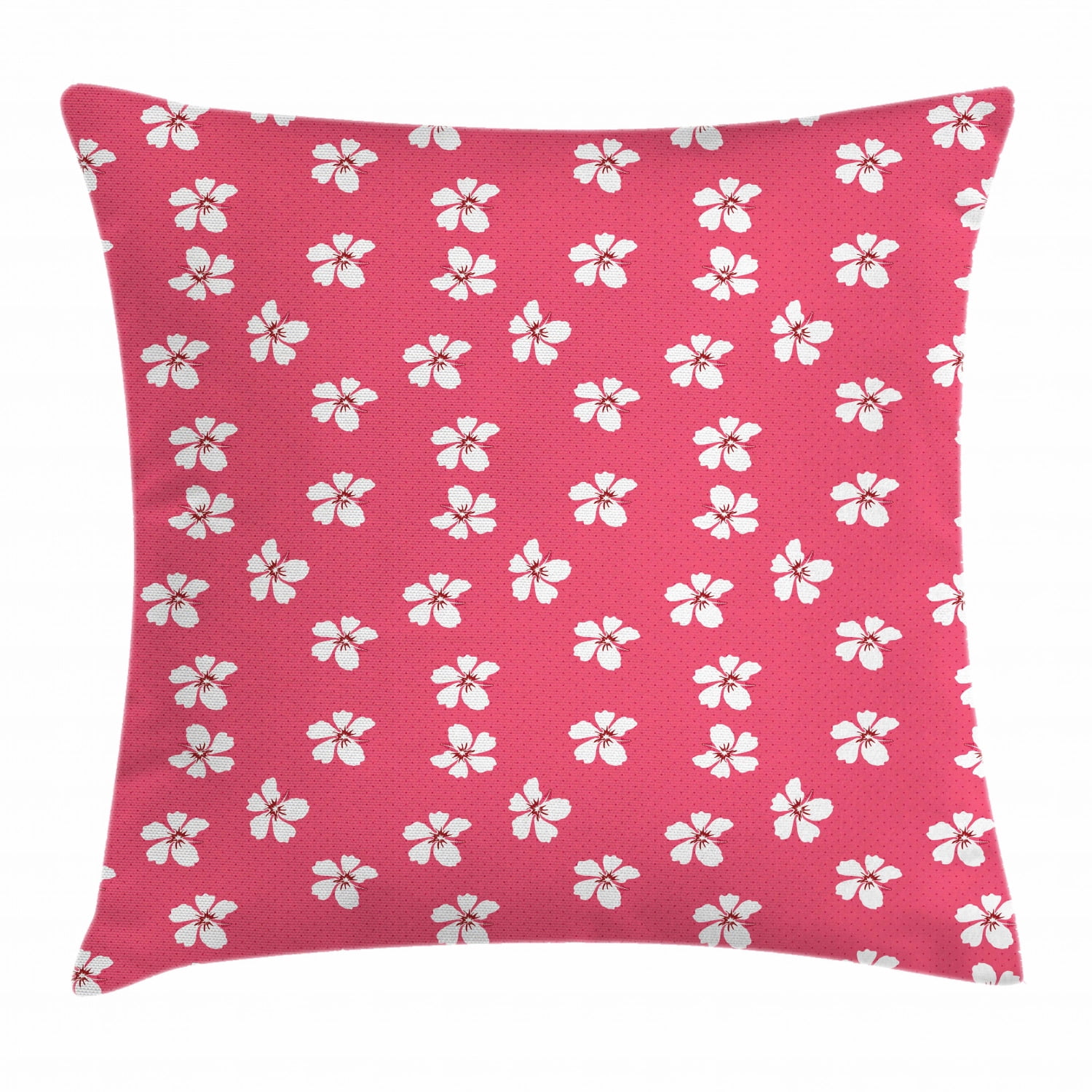 Pink and White Throw Pillow Cushion Cover, Hibiscus Flowers with Dark Pistils on Pink Polka