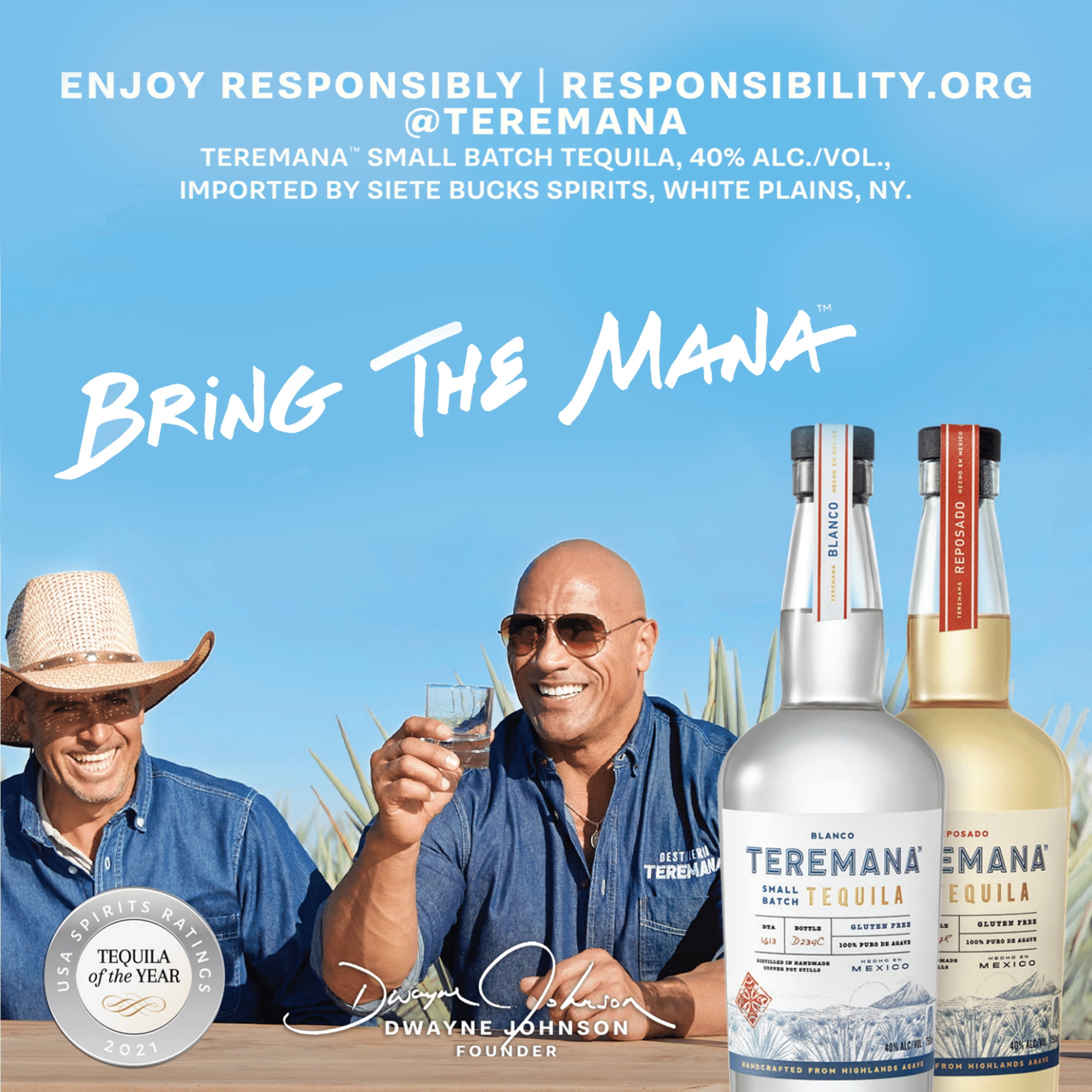 Teremana Blanco Tequila, 750 ml Single Glass Bottle, 40% ABV