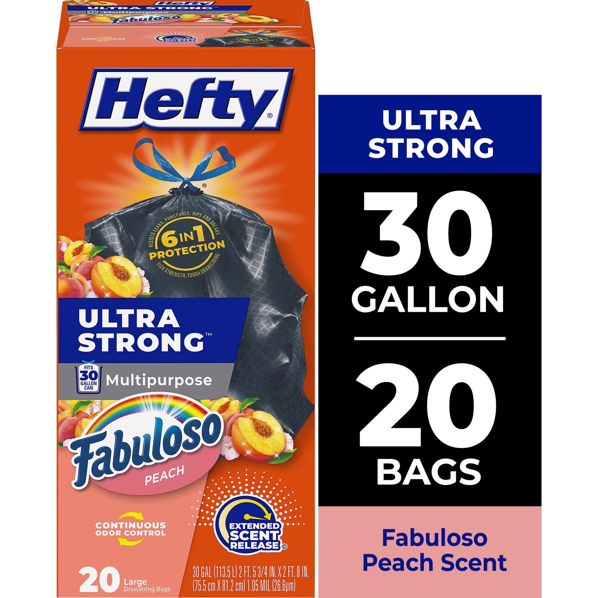 Hefty Ultra Strong 30 Gallon Trash Bags, Black Large Trash Bags, Fabuloso Peach Scent, 20 Bags