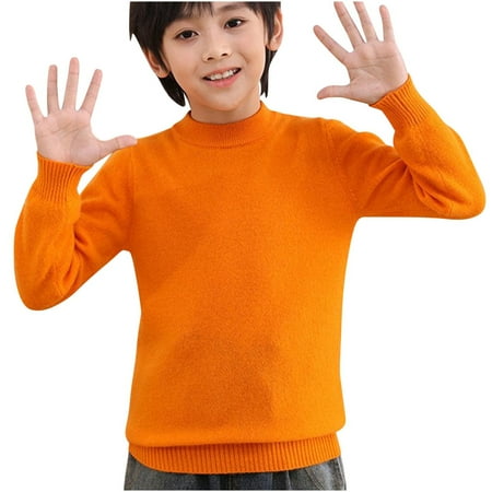 

LNWUY (3-14 Year) Children s Fashion Solid Color Thickened High Lapel Bottoming Shirt Long Sleeve Round Neck Casual Top Orange 150