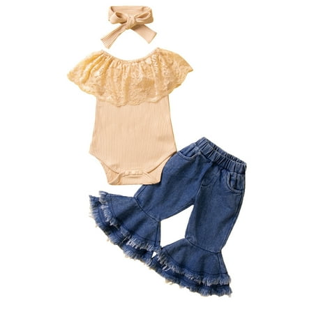 

Zlekejiko Baby Girls Ruffle Sleeveless Solid Ribbed Romper Tops Cute Bell Bottomed Denim Pants With Headbands 3PCS Set Outfits Summer Baby Girl Tops Toddler Girl Outfits 5t