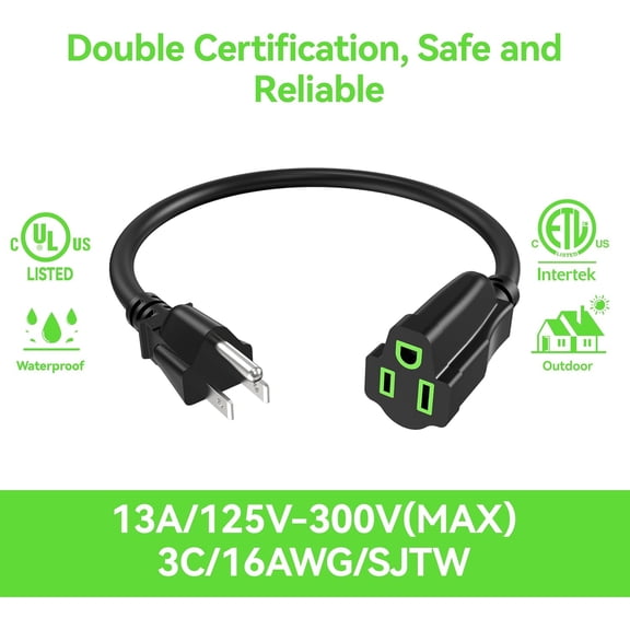 LMUMN-Power Extension Cord 7FT (2 Pack), 3-Prong Grounded Electrical Extension Cable Outlet Saver, Single Outlet Power Wires, Outdoor and Indoor, Heavy-Duty, Waterproof, Flexible, 16AWG, SJTW, 13A 12
