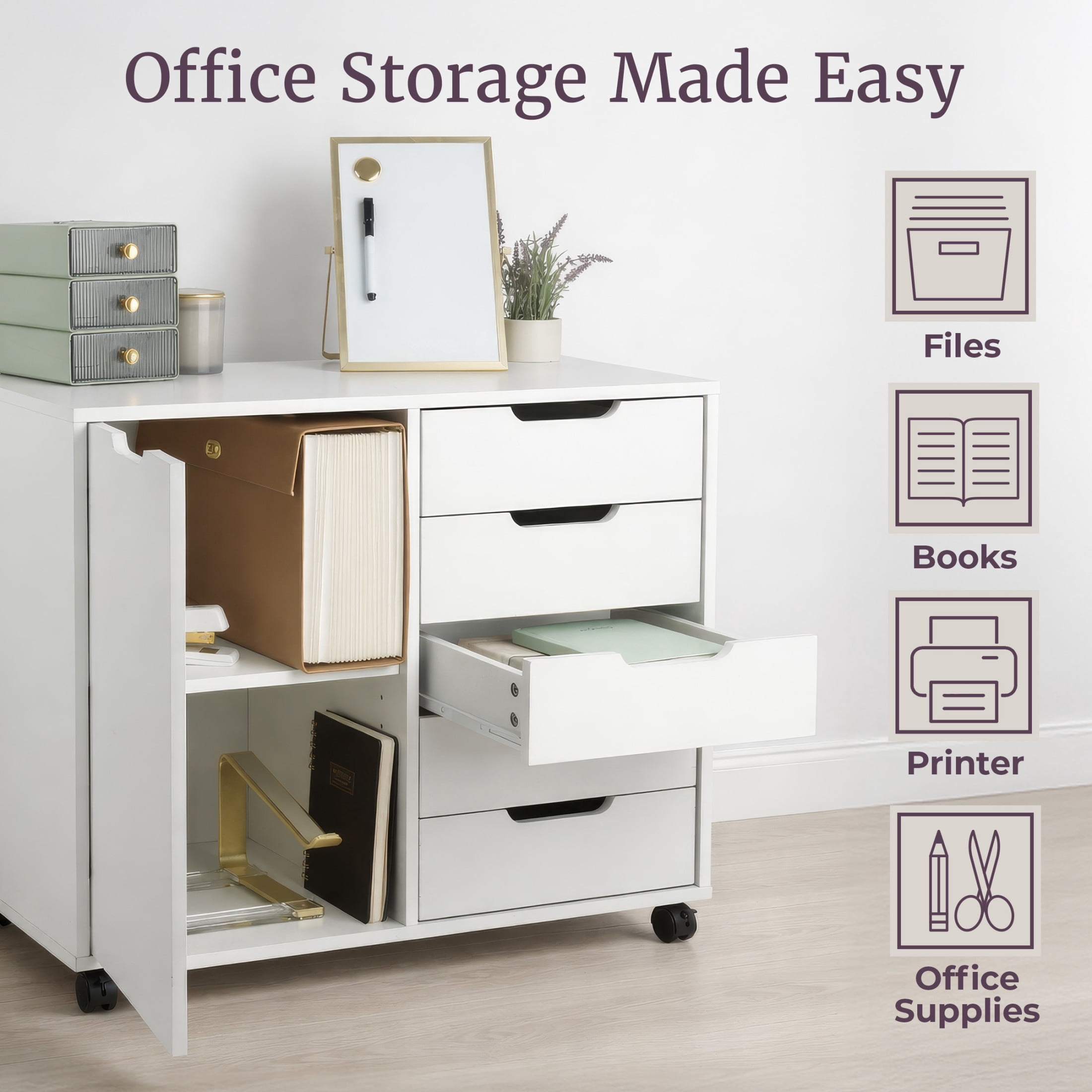 Lavish Home 5 Drawer Office Storage Cabinet with Door and Adjustable Shelf (White)