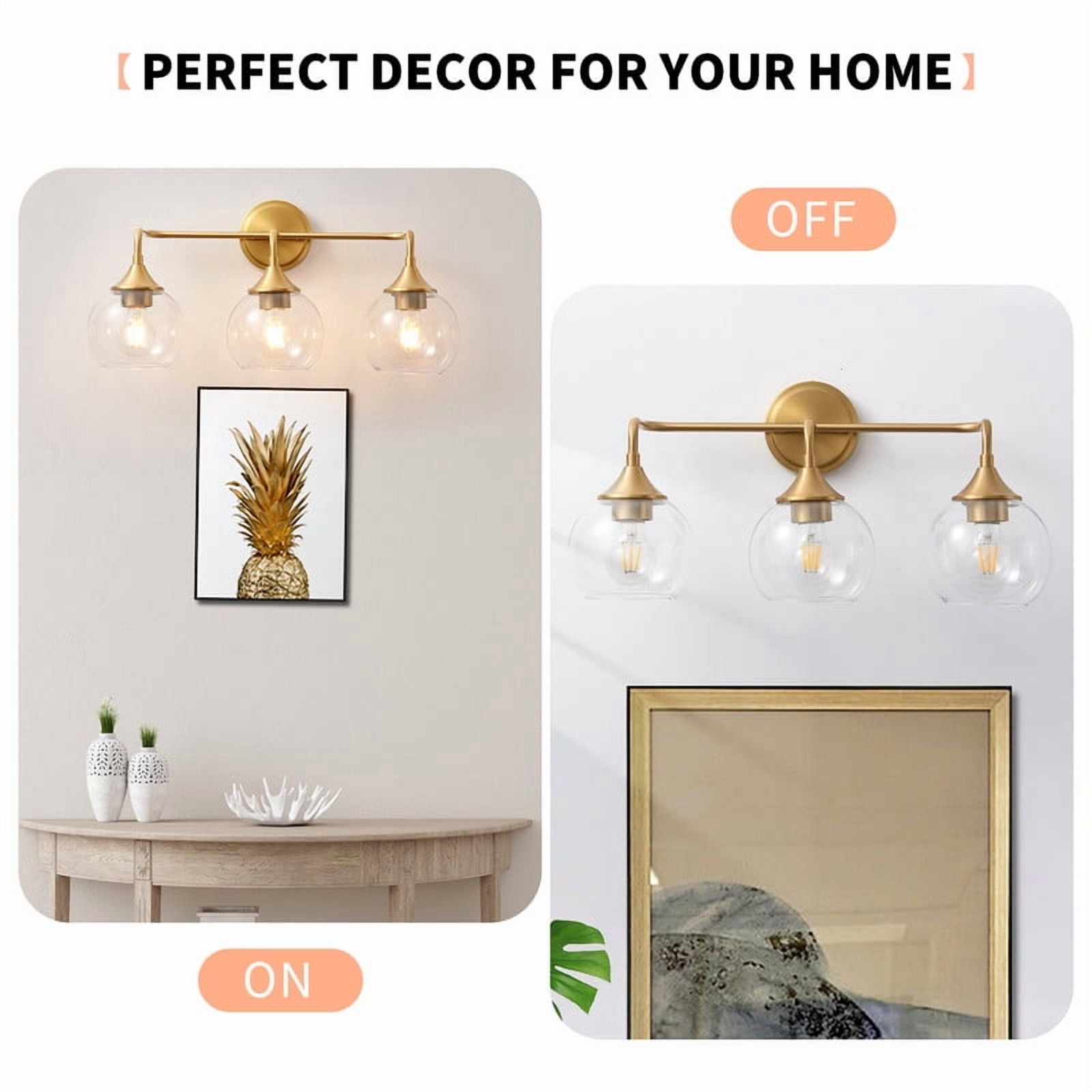 Bathroom Light Fixtures 3 Light Bathroom Vanity Light with Clear Glass Shade, 22 inch Bathroom Light Fixtures Over Mirror, Black and Gold Vanity Lights for Bathroom (Exclude E26 Bulb)
